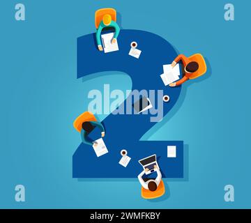 Nummer 2. Das Team arbeitet zusammen an einem Tisch in Form der Nummer zwei. Kreative Schriftart. Illustration des flachen Vektors. Stock Vektor