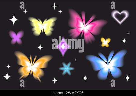 Aura Butterfly y2k futuristische, ästhetische Figurenkollektion, abstrakte, verschwommene Formen in Neon auf dunklem Hintergrund. Vektorabbildung Stock Vektor