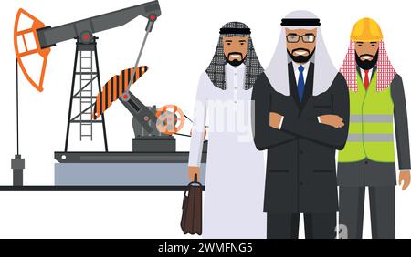 Arabisch-muslimischer Geschäftsmann, Ingenieur und Ölpumpe im flachen Stil. Stock Vektor
