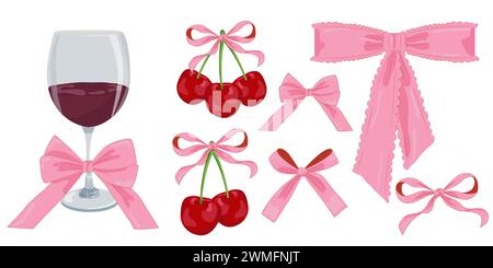 Vektor-Illustration von rosa mädchenhaften Vintage-Bögen, Wein und Kirsche. Schleife für flache Haardekoration. Isolierte Elemente. Kokettästhetisches Zubehör. Stock Vektor