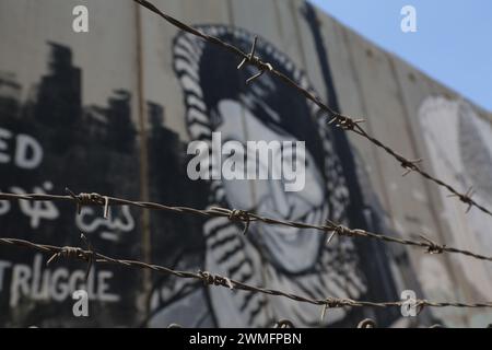 © Manoel Penicaud/Le Pictorium/MAXPPP - Bethleem 06/08/2015 Manoel Penicaud/Le Pictorium - 06/08/2015 - Cisjordanie/Bethleem - Barbeles et Portrait de Leila Khaled, militante du FPLP. A l'entree de Bethleem, le mur de Separation ou de Protection EST devenu un lieu d'expressionspolique pour des artistes du monde entier (Tel Banksy usw.). Le cas de l'icone 'Notre Dame qui fait Tomber les murs' Dessinee par Ian Knowles a cote du Check-Point EST emblematique de la mobilisation de la Figur de Marie, partagee par les chretiens et les musulmans. - /06/08/2015 - West Bank/Bethleh Stockfoto