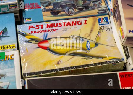 Flugzeug-Kit in Box auf Auktion ausgestellt, UK P-51 Mustang 1 „Razorback“ Stockfoto