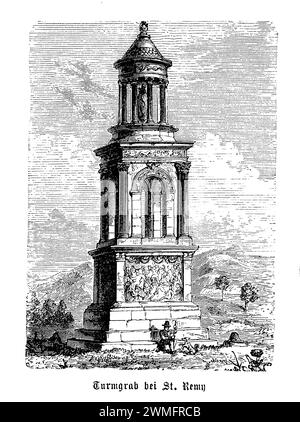 Das Mausoleum von Glanum in Saint-Rémy-de-Provence, Frankreich, ist ein beeindruckendes Beispiel für die römische Grabarchitektur und steht als stiller Hüter der Geschichte inmitten der Ruinen von Glanum. Das Mausoleum ist bekannt für seinen gut erhaltenen Zustand und die komplizierten Details, die seine Struktur zieren und die Kunstfertigkeit und Ingenieurskunst der Römer demonstrieren. Es dient als faszinierendes Fenster in die Vergangenheit und gibt Einblicke in römische Begräbnispraktiken und ihre Überzeugungen über Tod und Jenseits Stockfoto