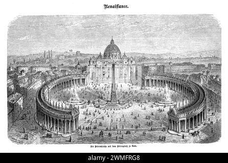 St. Petersplatz und St. Der Petersdom im Vatikan ist eine der berühmtesten und spirituell bedeutendsten Stätten der christlichen Welt. Der Platz mit seiner großen elliptischen Form wird von zwei kolossalen Kolonnaden eingerahmt, die von Gian Lorenzo Bernini entworfen wurden und eine umhüllende, armartige Struktur bilden, die Pilger und Besucher aus der ganzen Welt willkommen heißt. In der Mitte des Platzes steht ein altägyptischer Obelisken, eine symbolische Verbindung zur frühchristlichen Kirche und ihrer langen Geschichte Stockfoto