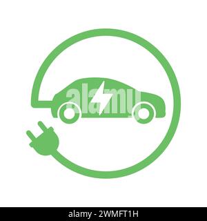 Grünes Elektroauto Mit Symbol Für Das Aufladen Von Steckern. Symbol Für Elektrofahrzeug. Symbole für EV-Fahrzeuge. Straßenschild Für Ladestation. Erneuerbare Öko-Technologien Stock Vektor