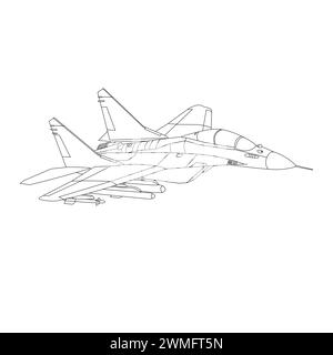 MIG-35 Flugzeugabbildung. Fighter Jet MiG35 Fulcrum-F Malbuch. Russisches Militärflugzeug isoliert auf weißem Hintergrund Stock Vektor