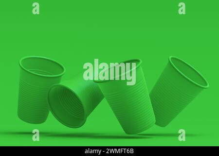 Set aus Kunststoff Einweg-Partybecher isoliert auf monochromem grünem Hintergrund. 3D-Rendering von Take Away Glas für Saft, frisch, Bier Stockfoto