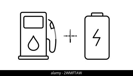 Überblick über Plug-in-Hybrid-Elektrofahrzeuge. Symbol Für Hybridfahrzeuge. PHEV-Fahrzeugsymbol. Elektrischer Energie- Und Kraftstoffmotor. Schild Für Tankstelle Und Elektrisches Auto-Ladegerät Stock Vektor