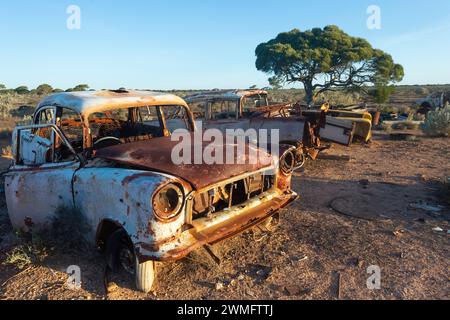 Ein altes, rostiges Auto wurde in der Nähe des Old Eyre Highway bei Koonalda Homestead, Nullarbor, South Australia, SA, Australien aufgegeben Stockfoto