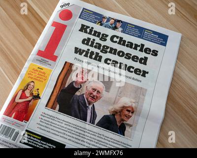 Titelseite des i-Papiers vom 6. Februar mit der Überschrift „King Charles Diagnosed with Cancer“ Stockfoto