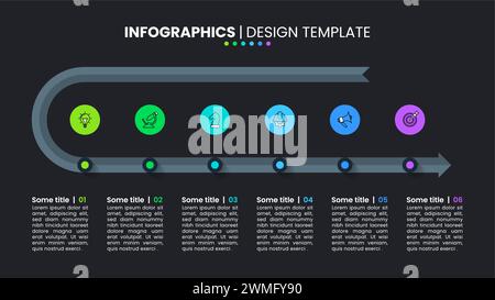 Infografik-Vorlage mit Symbolen und 6 Optionen oder Schritten. Dunkle Linie. Kann für Workflow-Layout, Diagramm, Banner und Webdesign verwendet werden. Vektorabbildung Stock Vektor