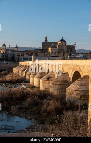 Die Römische Brücke von Cordoba ist eine lange restaurierte Fußgängerbrücke mit Bögen, die ursprünglich im frühen 1. Jahrhundert v. Chr. errichtet wurden, über den Guad Stockfoto