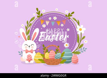 Osterferien, Hase mit einem Korb mit Ostereiern, Osterhase und Eiern. Vektor Stock Vektor