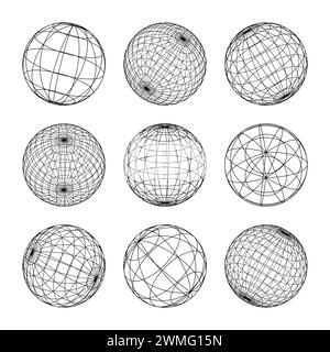 Drahtmodellformen, gefütterte Kugel. Perspektivisches Netz, 3D-Raster. Geometrische Elemente mit niedrigem Poly. Futuristische Retro-Designelemente, y2k, Vaporwave und Synthwave Stock Vektor