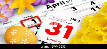 Deutscher Kalender 2024 Osterferien 31. März und 1. April Montag und Sonntag Beginn der Sommerwoche Dienstag Mittwoch Donnerstag Freitag Stockfoto