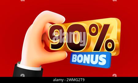 Cartoon Hand Hold 90 Prozent Bonus. Cashback- oder Preiskonzept. Vektorabbildung Stock Vektor