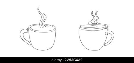 Line Art von zwei heißen Tassen mit Dampf. Kaffee- oder Teetassen. Durchgehende einzeilige Zeichnung. Weißer Hintergrund. Designelemente für Druck, Gruß, Postkarte, Scrapbooking. Konzept von Heißgetränk, Getränk Stock Vektor