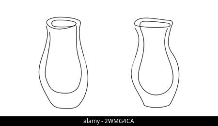 Durchgehende einzeilige Zeichnung von zwei Blumenvasen. Strichgrafik. Isoliert auf weißem Hintergrund. Konzept der Wohnkultur, Minimalismus. Designelement für Druck, Postkarte, Scrapbooking, Malbuch. Einstellen Stock Vektor