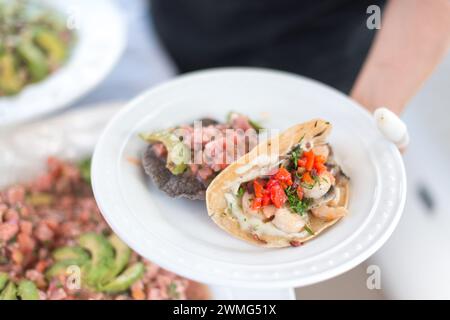 Fisch Tacos auf einem weißen Teller serviert Stockfoto