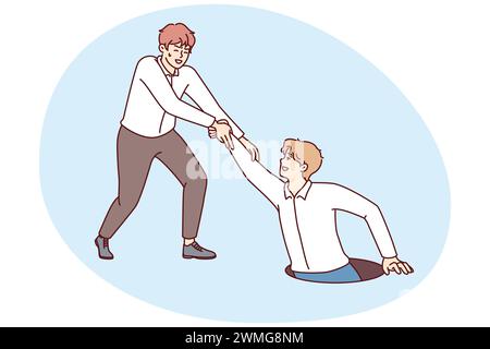 Der Mann rettete einen Freund, der in den Boden fiel und in einer schwierigen Situation die Hand ausstrebte. Junger Geschäftsmann hilft Partner nach wirtschaftlichen Problemen oder Krisen Stock Vektor