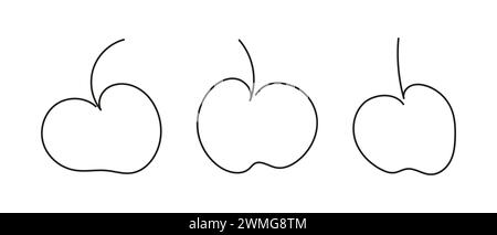 Durchgehende, einzeilige Zeichnung von drei Apfeln. Ganze Früchte. Gesundes Dessert. Strichgrafik. Isoliert auf weißem Hintergrund. Designelement für Druck, Gruß, Postkarte, Scrapbooking, Malbuch. Einstellen Stock Vektor