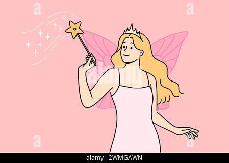 Die Fee mit Zauberstab führt Zauberei aus, steht mit Flügeln hinter dem Rücken, trägt Kleid und Krone. Zauberin Mädchen aus dem Märchen über cinderella flog herein, um Schwierigkeiten zu bewältigen Stock Vektor