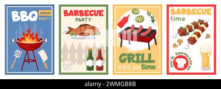 Poster für Barbecue-Partys. Einladungsbanner für das Grillwochenende. Sommerurlaub. Gegrillte Fleischsteaks und Gemüse. Offenes Feuer kochen. Grillpicknick Stock Vektor