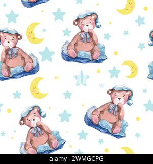 Nahtloses Muster mit Teddybären auf den Pfeilen, Textil-Hintergrund für Babys, Mond, Sterne, schlafende Kinder, Stockfoto