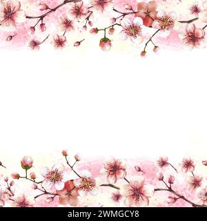 Blühender Zweig von Baum, Sakura, Kirsch- oder Apfelknospen und Blumen nahtloser Rahmen, Rand auf Aquarellflecken Hintergrund Frühlingsblüten Stockfoto