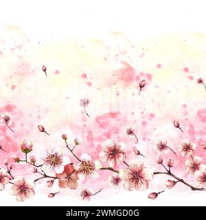 Blühender Zweig aus dem Frühling Sakura nahtlose Grenze, Banner Illustration handgezeichnete Blüten Obstbaum Kirsche oder Apfelknospen Blumen auf Aquarell Stockfoto