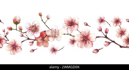 Blühender Zweig von Baum-, Sakura-, Kirsch- oder Apfelknospen und Blumen nahtlose Ränder, Muster. Frühlingsblüten, Frühlingsaquarell Clipart. Hand Stockfoto