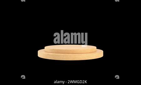 Holzpodium isoliert auf schwarzem Hintergrund, 3D-Rendering. Stockfoto