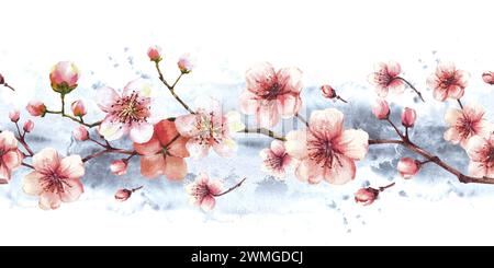 Blühender Zweig von Baum, Sakura, Kirsche, Apfelknospen und Blumen nahtlose Grenze, Muster auf grauen Aquarellflecken Hintergrund. Frühlingsblüten Stockfoto