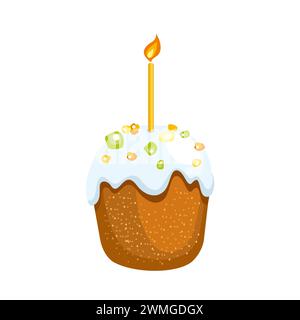 Vektor-Illustration des Osterthemas, bunter Osterkuchen mit Glasur, kandierten Früchten und Lichtkerze, isoliert auf weißem Hintergrund, für Osterdekora Stock Vektor