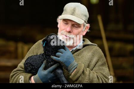 Schneverdingen, Deutschland. Februar 2024. Uwe Storm, Hirte, hält ein paar Tage altes Schnucken-Lamm in den Händen. Die Lammsaison ist der Beginn der geschäftigsten Zeit des Jahres für die Heide-Hirten. Quelle: Philipp Schulze/dpa/Alamy Live News Stockfoto