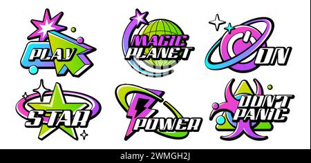 Retro Y2K-Logosatz. Logos mit saurem Farbverlauf für Hemd und Streetwear. Aufkleber, Abzeichen, Slogan Typografie Vektor Icon Design Illustration mit Stern, Knopf, Planet Erde. Futuristische Elemente. Stock Vektor