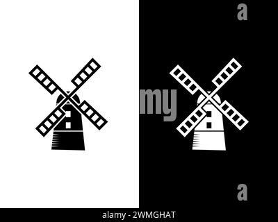 Kunst Illustration Design Conpet Icon schwarz weißes Logo isoliertes Symbol der Windmühle Stock Vektor