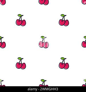 Nahtloses Kirschmuster auf weißem Hintergrund. Rote reife Beeren und grüne Blätter. Vektor-Illustration in Zeichentrick-Flat-Stil. Stockfoto