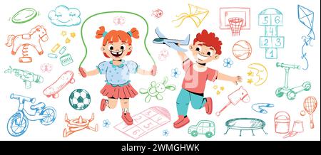 Lustige Zeichentrickkinder spielen auf dem Spielplatz. Glückliches Mädchen und Junge im Kindergarten mit Spielzeug. Line-Art-Symbol aus Fahrrad, Schlittschuh, Ball, Roller, Hopscotch und handgezeichneten Sportelementen. Kritzelei Stock Vektor