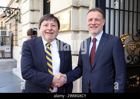 Zagreb, Kroatien. Februar 2024. Der Präsident des kroatischen Parlaments gordan Jandrokovic empfing den Präsidenten der Abgeordnetenkammer und Vertreter der Republik Chile Ricardo Cifuentes Lillo, der am 26. Juli zu einem offiziellen Besuch in der Republik Kroatien ist. Februar 2024. In Zagreb, Kroatien. Foto: Patrik Macek/PIXSELL Credit: Pixsell/Alamy Live News Stockfoto