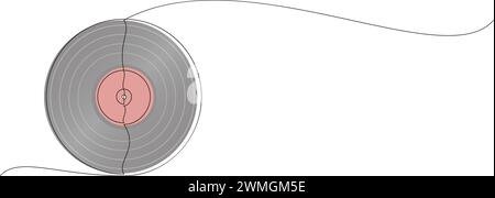Schallplatten-Audioaufzeichnung mit kontinuierlicher Linienzeichnung. Vintage-LP-Scheibe, gezeichnet in einzeiliger Art. Vektorabbildung Stock Vektor