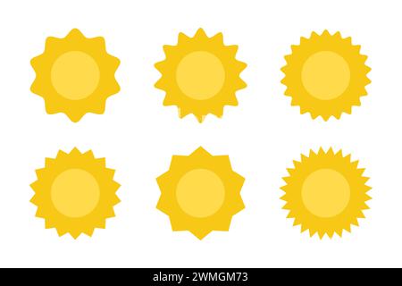 Symbole für die Einstellung der Sonne. Gelbe Kollektion mit den Symbolen des Sonnensterns Stock Vektor