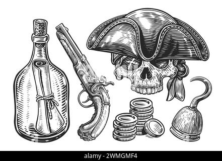 Handgezeichnetes Piratenkonzept. Skizzieren Sie Vintage-Vektor-Illustration. Artikelsammlung Stock Vektor