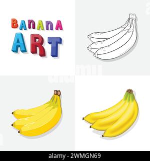 Bananenkunst-Skizze, Malseite, flache und realistische Bananenfrucht-Illustration für Kinder Stock Vektor