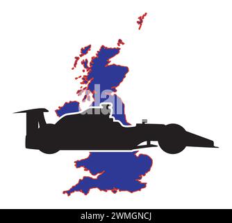 Eine Silhouettenkarte von Großbritannien in den Farben der Nationalflagge mit einem Motorsport-Rennwagen-Einsatz Stock Vektor