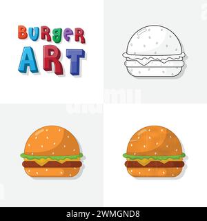 Hamburger Kunstskizze, Malseite, flache und realistische Burger Fast Food Illustration für Kinder Stock Vektor