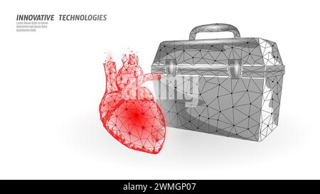 3D-Fall der menschlichen Herztransplantation. Rotes niedrigpolares Herzanatomieorgan. Polygonale Spendermedikation helfen Spendervektorillustration. Stock Vektor