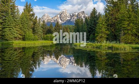 Das Sonnenlicht beleuchtet die Gipfel von Teton, die sich im Snake River am Schwabacher Landing im Grand Teton National Park, Wyoming, spiegeln Stockfoto