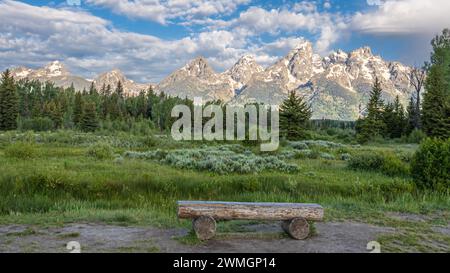 „Pause und Reflexion“, Bank mit Blick auf die Teton Peaks am Schwabacher Landing, Grand Teton National Park, Wyoming Stockfoto