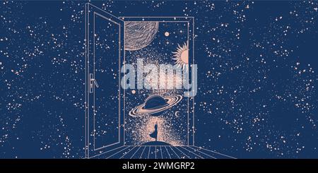 Eine offene Tür zum Weltraum mit einem Mädchen, das mit dem Rücken steht und Planeten fliegt. Konzeptillustration von Phantasie, Mystik und Astrologie, Scien Stock Vektor